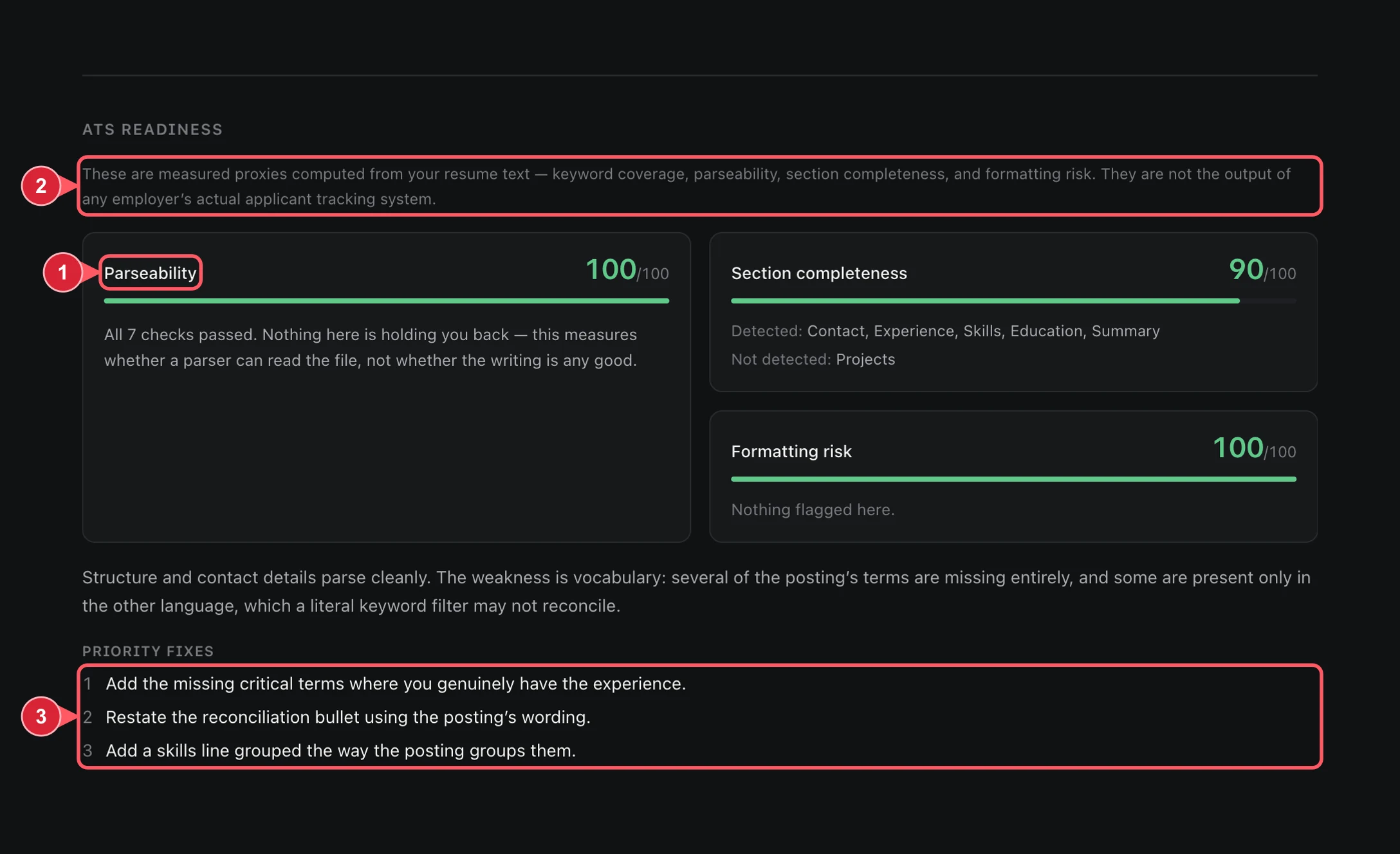 JobAgent guide screen 6: ATS readiness is an estimate