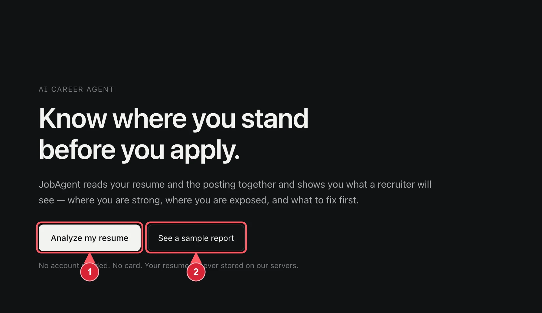 JobAgent guide screen 1: Start without signing up