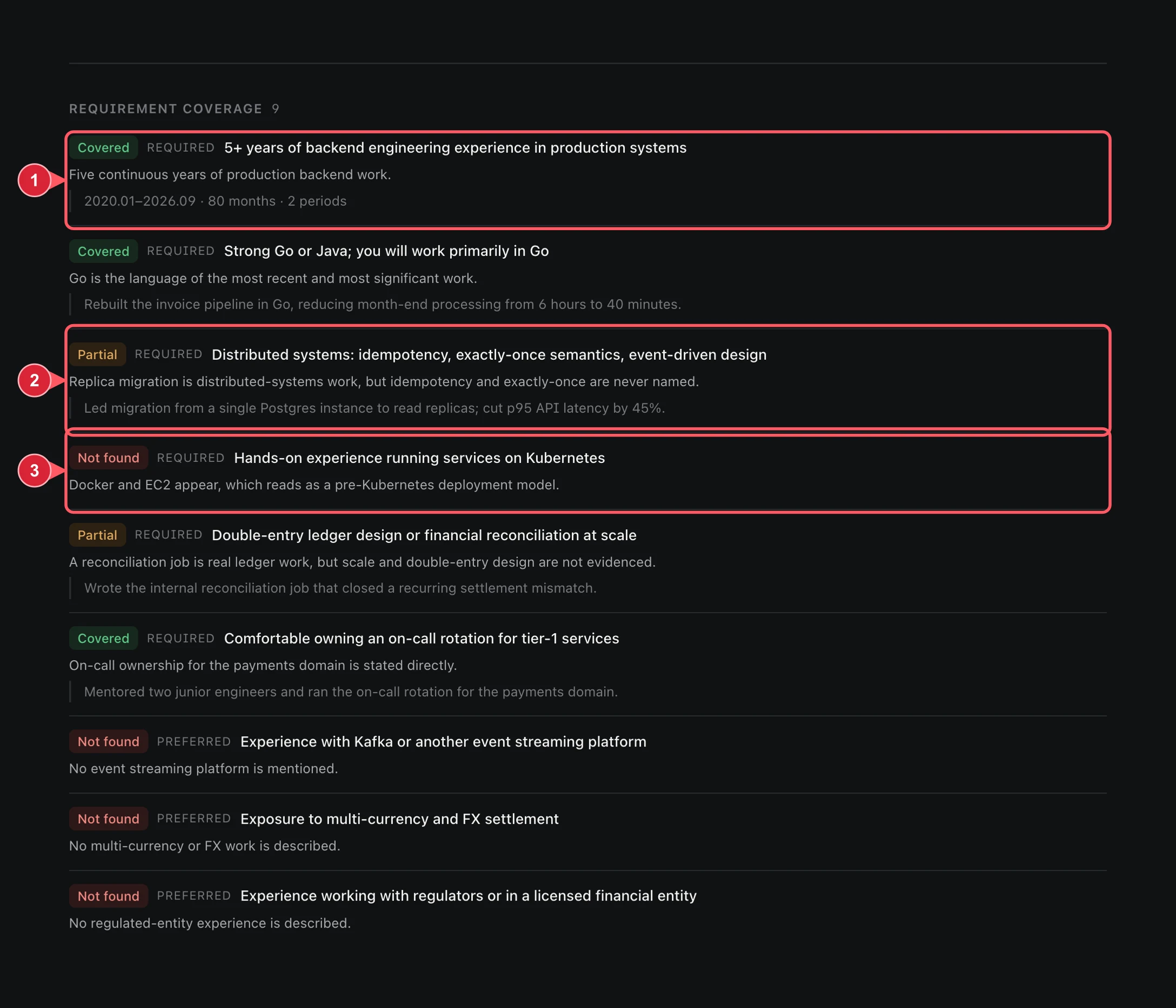 JobAgent guide screen 4: Requirements are judged by evidence