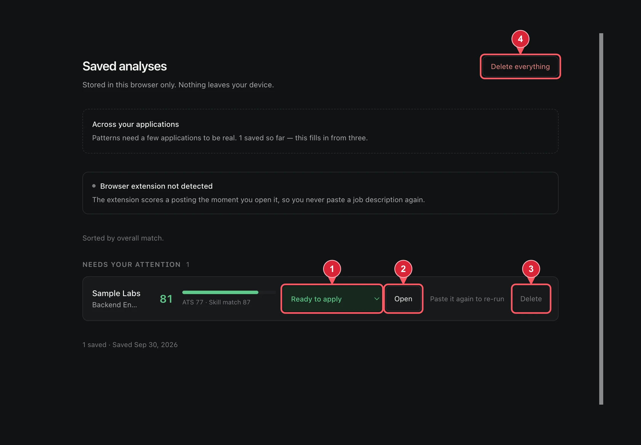 JobAgent guide screen 9: Saved means local browser storage